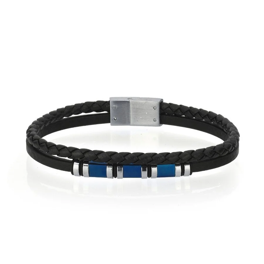 Dilimli Mavi Çelik İkili Derili Erkek Bilekliği - 1