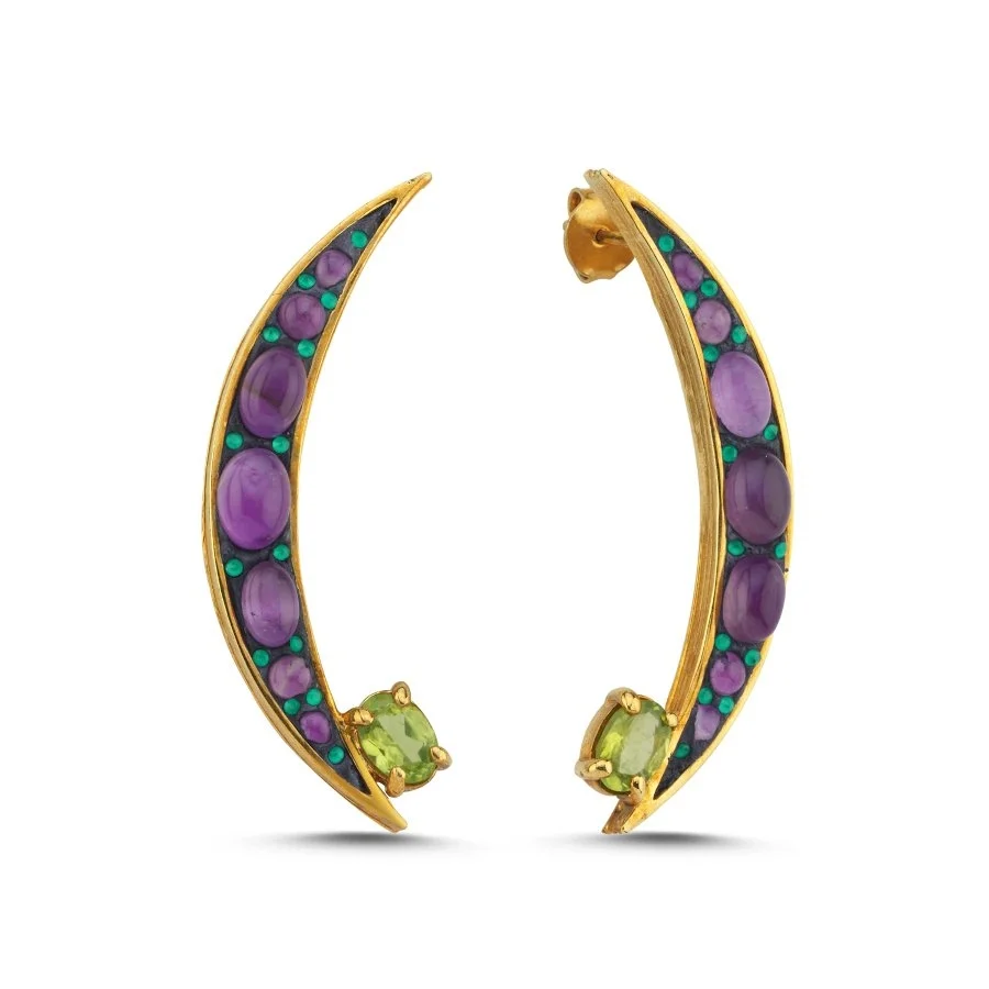 Doğal Ametist Ay Hilal Özel Tasarım Kadın Gümüş Küpe - 1