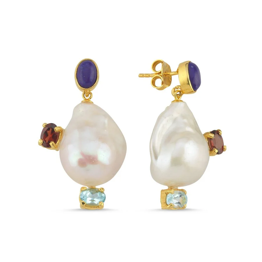 Doğal Barok İnci Tasarım Gümüş Küpe - 1