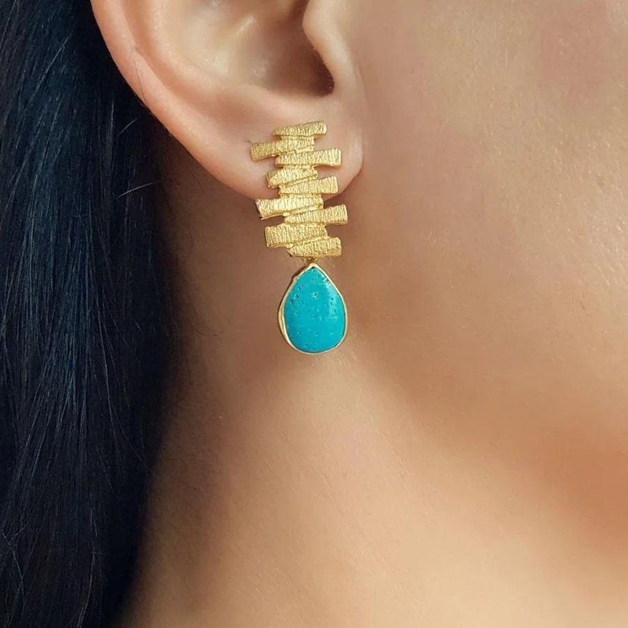 Doğal Damla Turkuaz Taşlı El Yapımı Zikzak Gümüş Kadın Küpe - 1