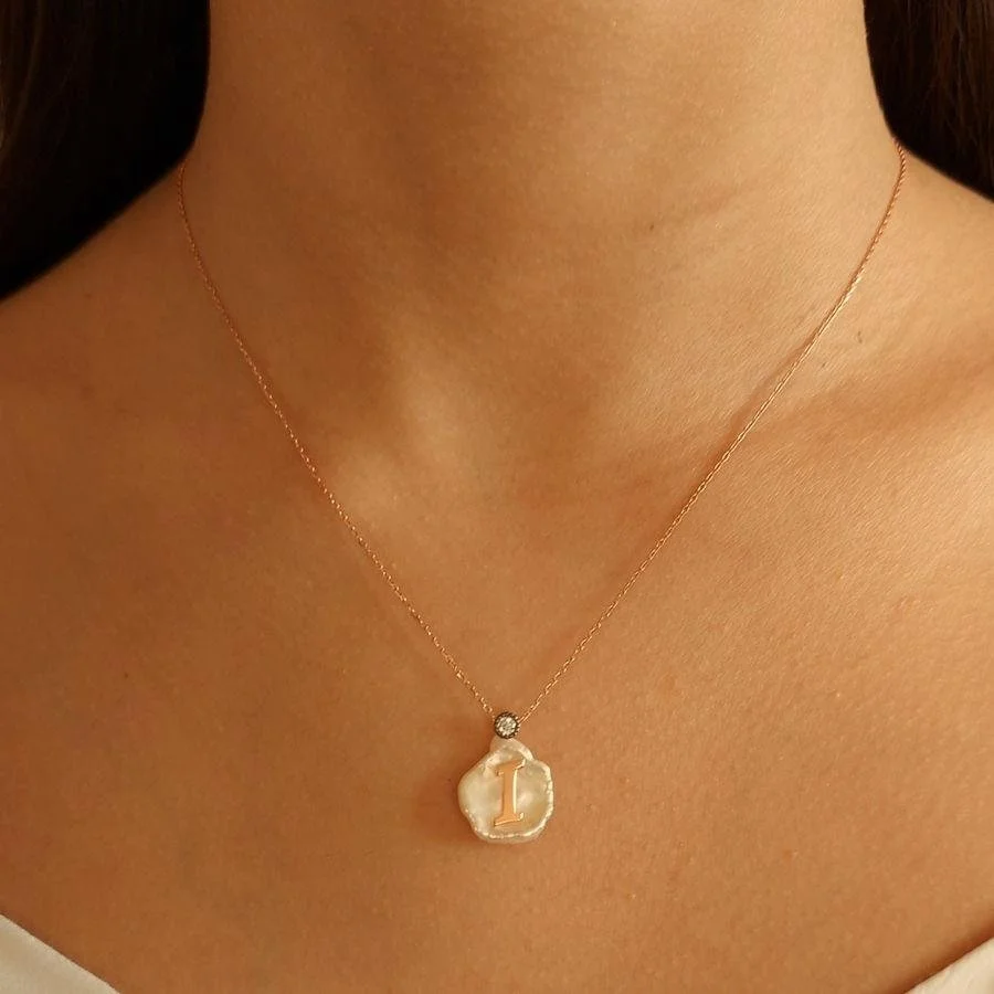 Silver Women's Necklace with Letter I on Natural Pearl - 1
