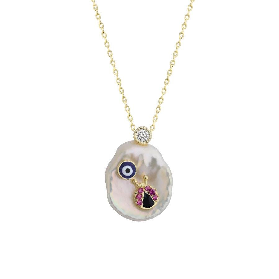 Natural Pearl Ladybug and Eye Silver Women's Necklace - CNG Jewels