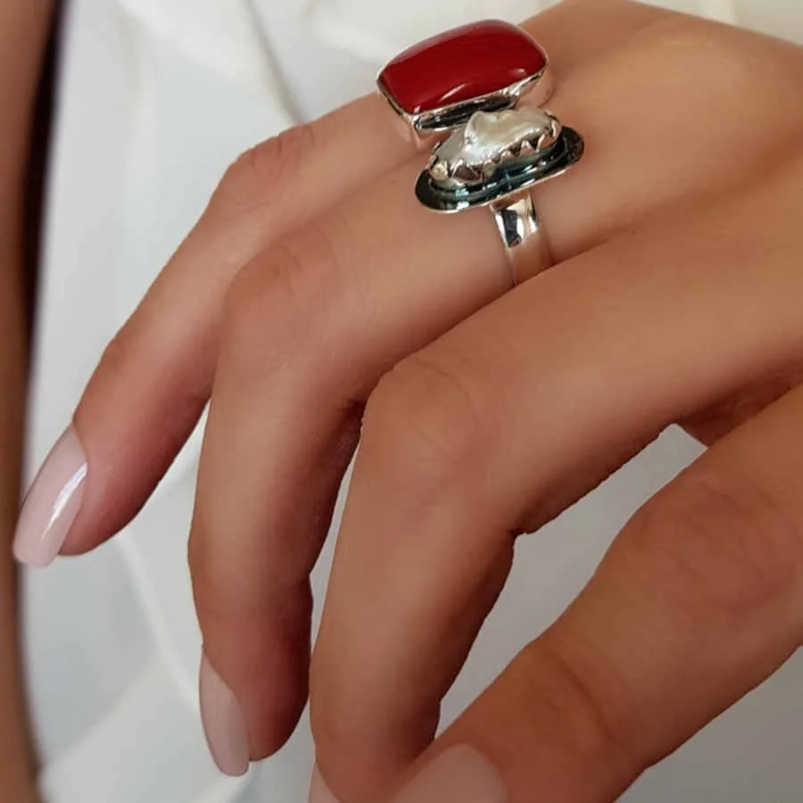 Doğal Mercan Gerçek İnci Tasarım Gümüş Yüzük - 2