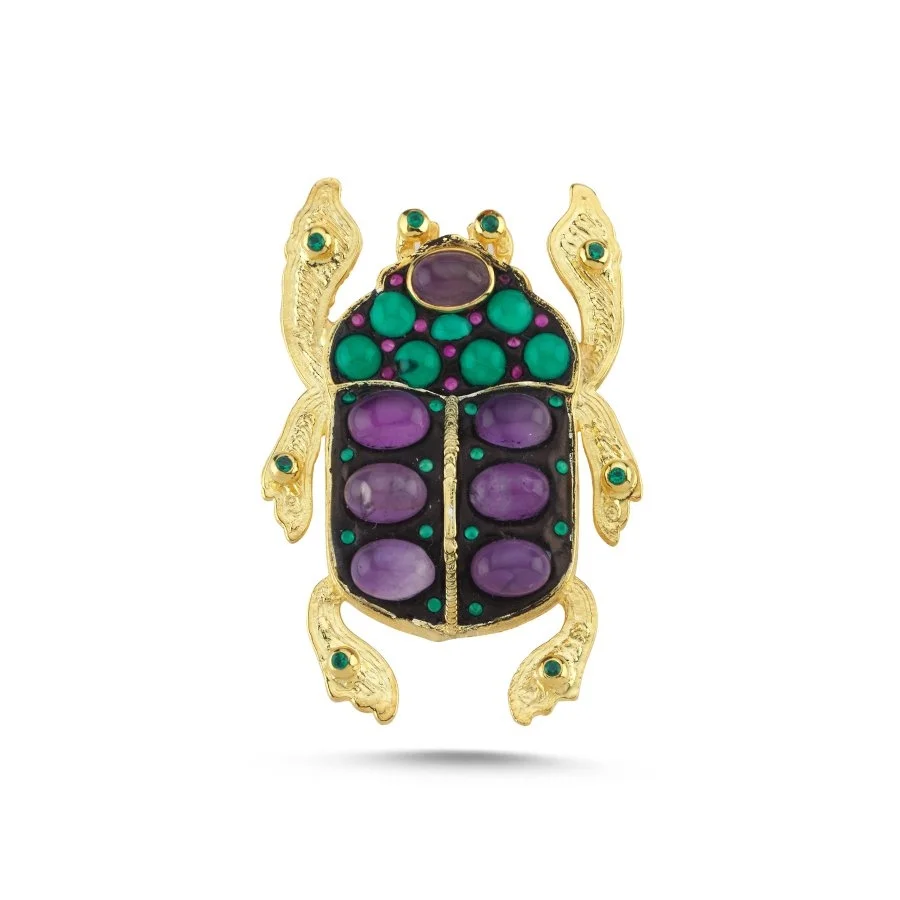 Doğal Taşlı Tasarım Scrabe Şans Böceği Gümüş Broş - 1