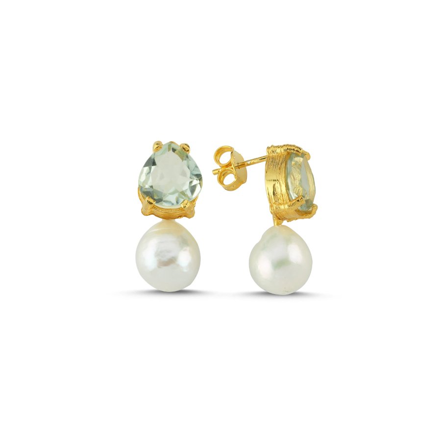 Doğal Yeşil Ametist Taşlı Gerçek İnci Kadın Gümüş Küpe - CNG Jewels