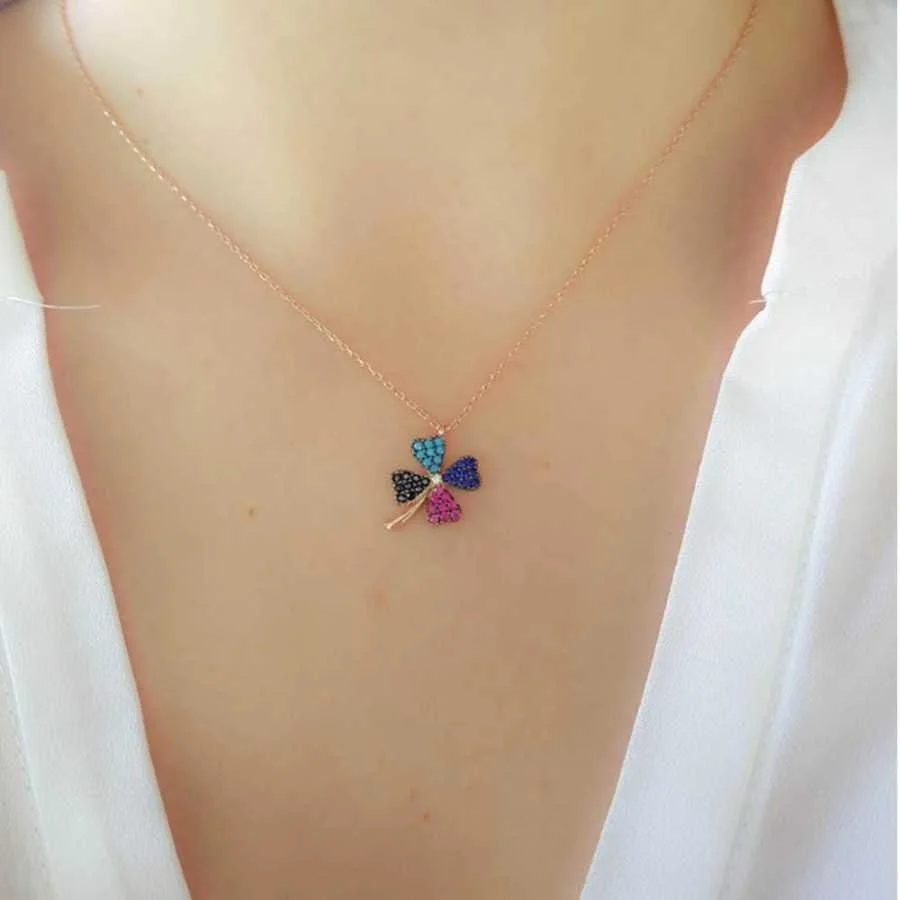 Dört Yapraklı Yonca Renkli Taşlı Gümüş Kadın Kolye - 2