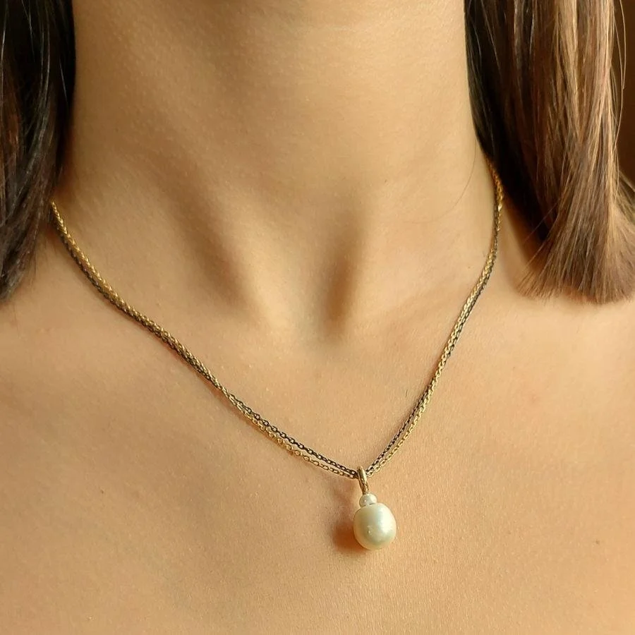 Double Chain Natural Pearl Sterling Silver Necklace