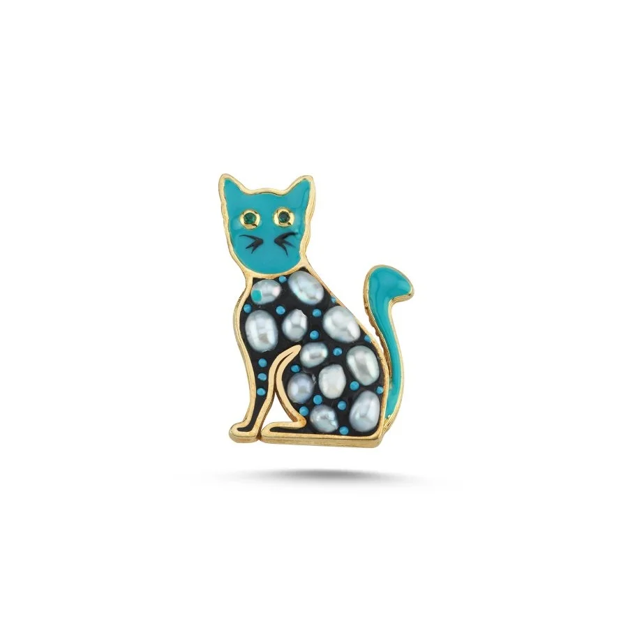 Real Pearl Enameled Cat Silver Brooch - 1