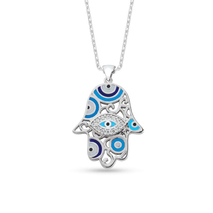 Fatima Hand Eye Enameled Silver Women's Necklace - CNG Jewels