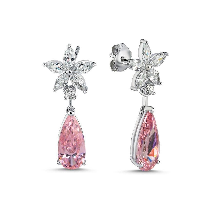 Fiore Flower Pink Drop Silver Women's Earrings - CNG Jewels