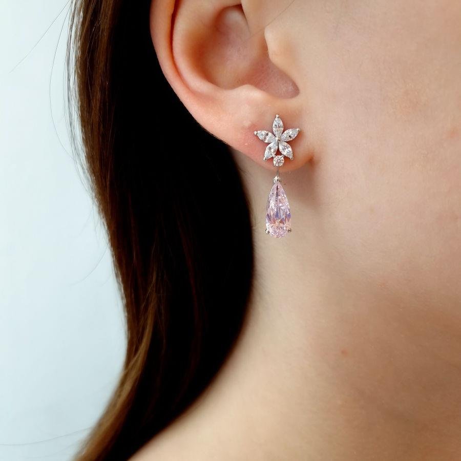 Fiore Flower Pink Drop Silver Women's Earrings - CNG Jewels (1)