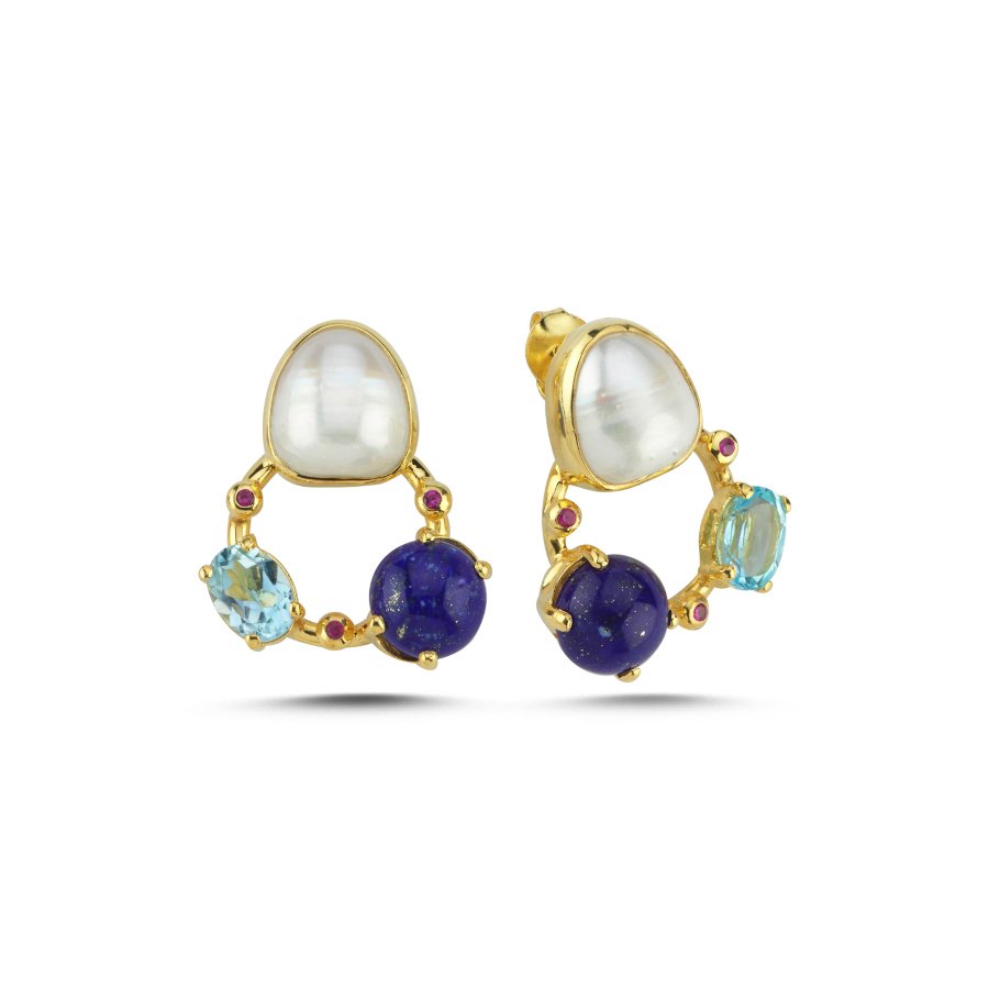 Galaksi Doğal Lapis Blue Topaz İnci Gümüş Küpe - CNG Jewels