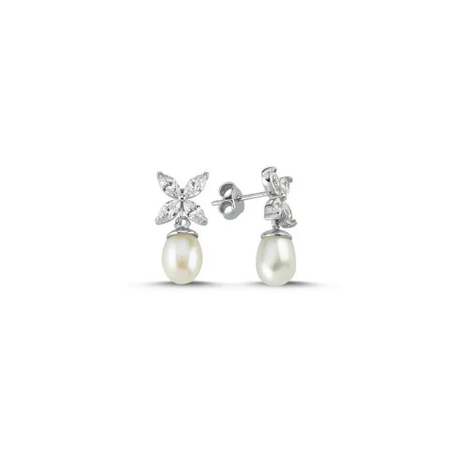 Gerçek İnci Küçük Markiz Roza Kadın Gümüş Küpe - 1