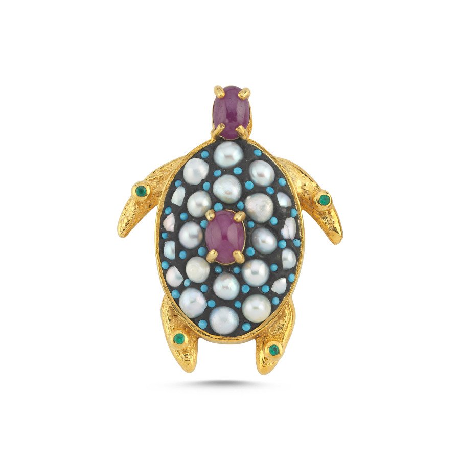 Gerçek İnci Yakut Taşlı Tasarım Caretta Kaplumbağa Gümüş Kolye Ucu - CNG Jewels
