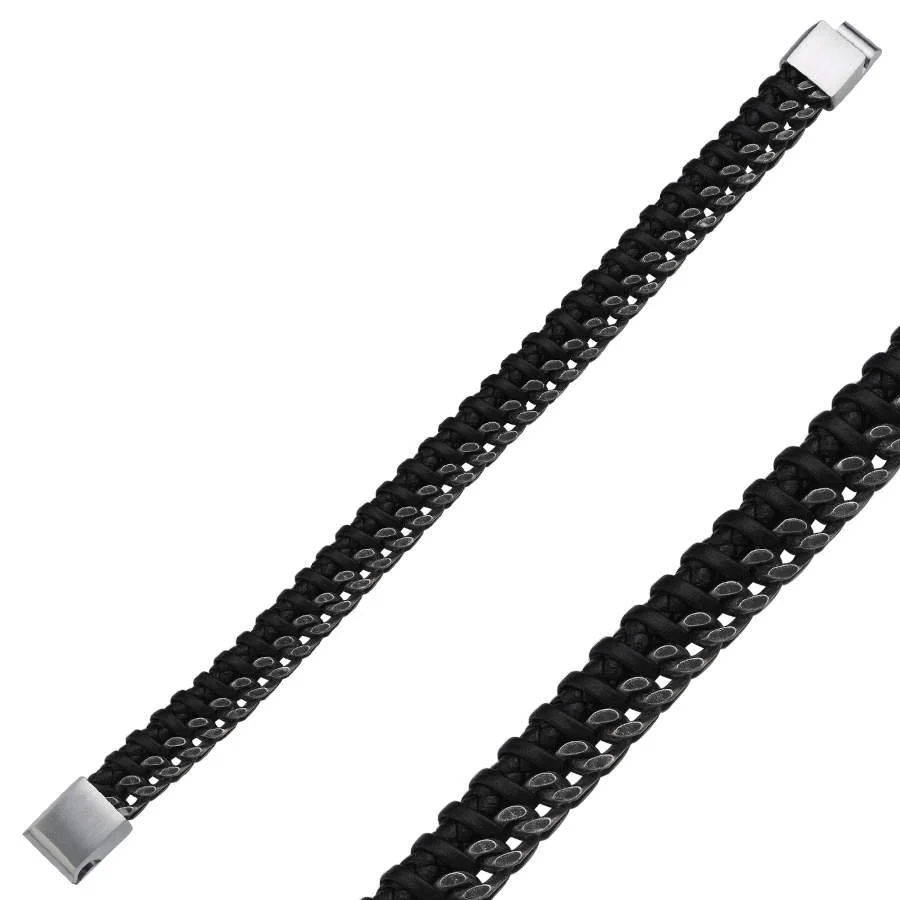 Girift Örgü Deri Gurmet Zincir Çelik Erkek Bilekliği - 2