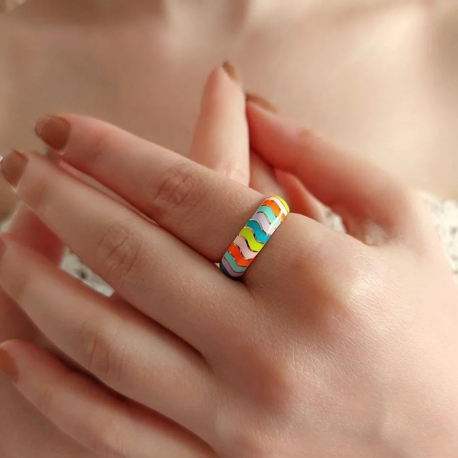 Rainbow Enameled Silver Women's Ring - 1