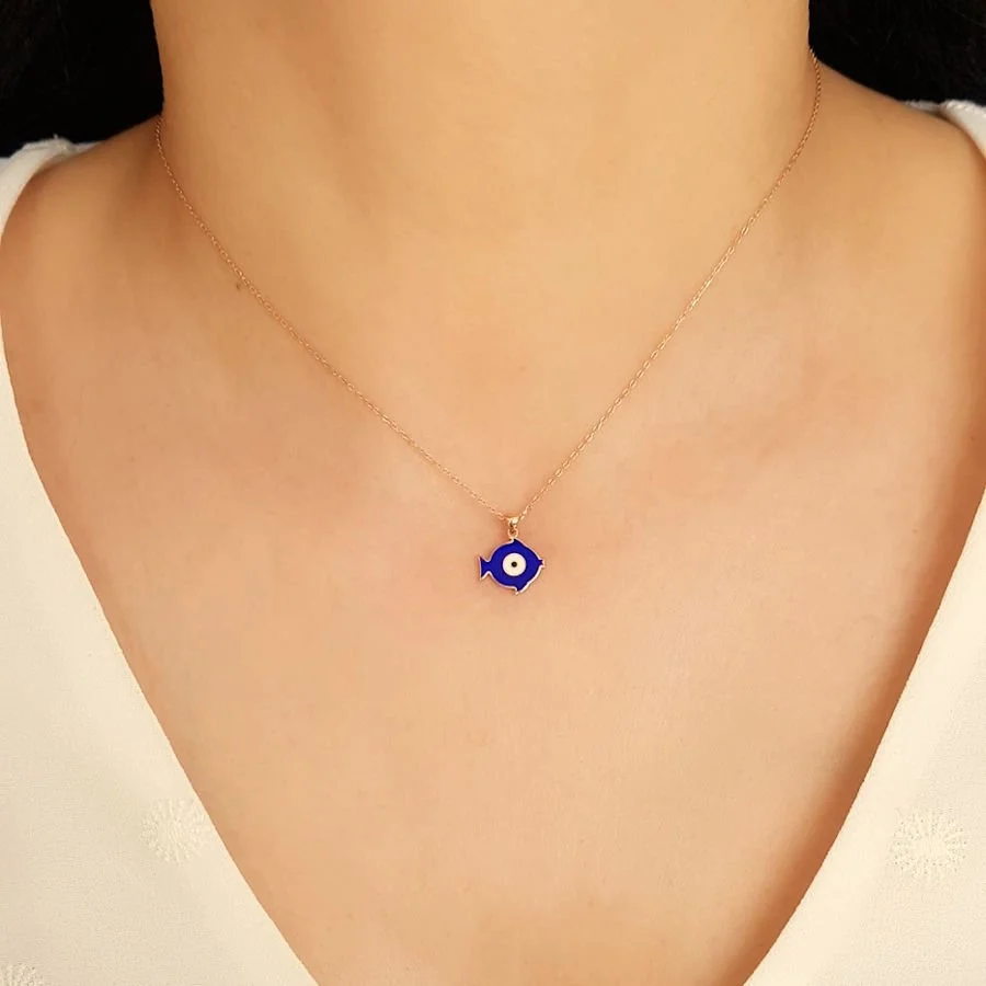 Dark Blue Fish Silver Women's Necklace with Eyes - 1