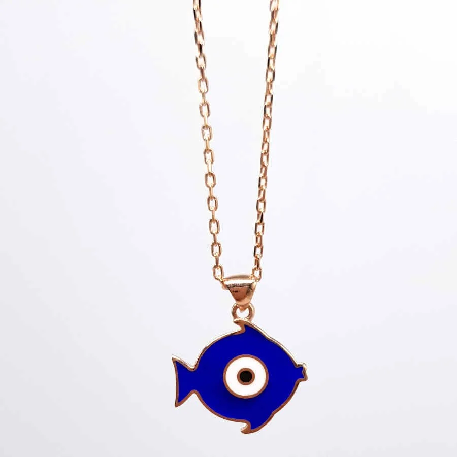 Dark Blue Fish Silver Women's Necklace with Eyes - 2