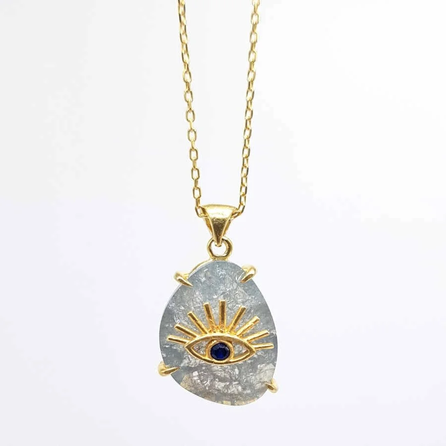 Gri Kuvars Taşlı Kirpikli Göz Gümüş Kadın Kolye - 1