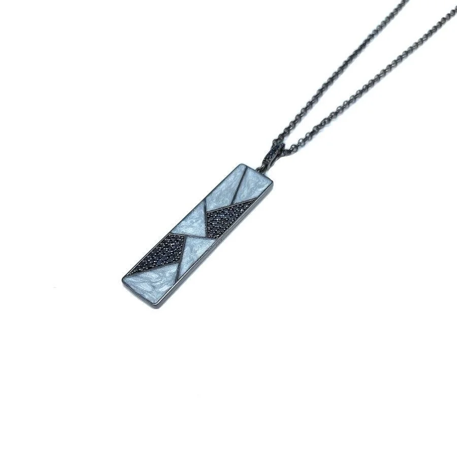 Gri Mermer Desenli Dikdörtgen Çubuk Erkek Gümüş Kolye - 2