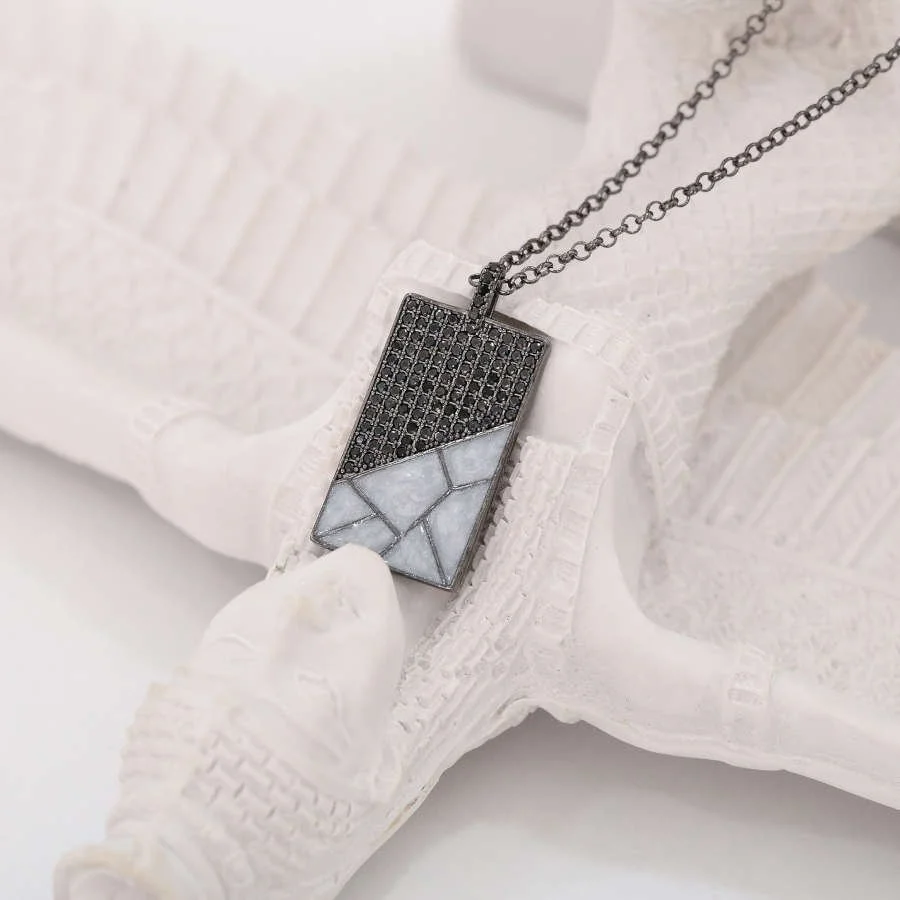 Gri Mermer Desenli Plaka Erkek Gümüş Kolye - 4