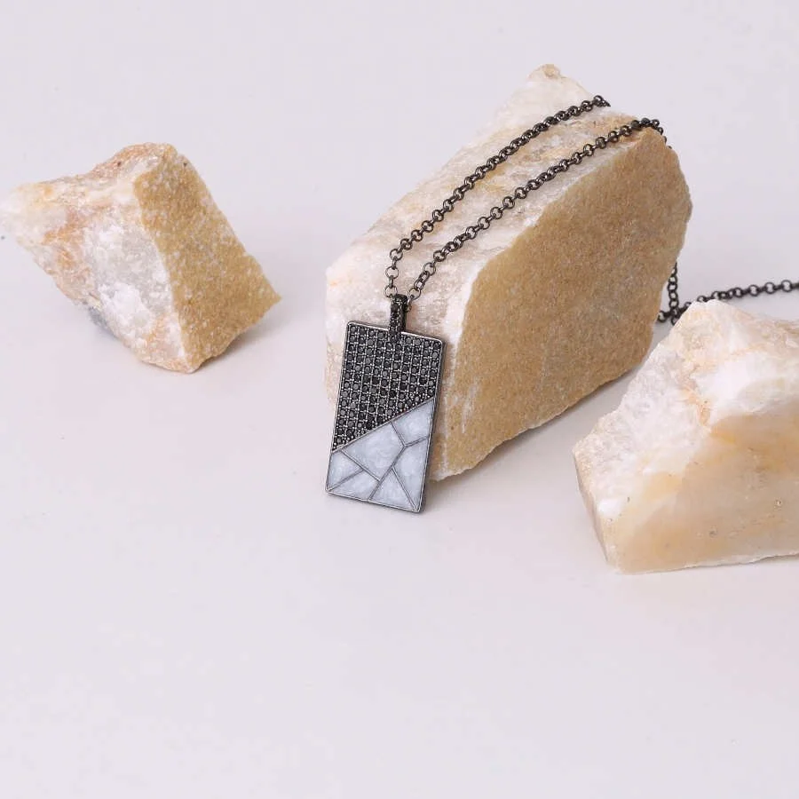 Gri Mermer Desenli Plaka Erkek Gümüş Kolye - 2