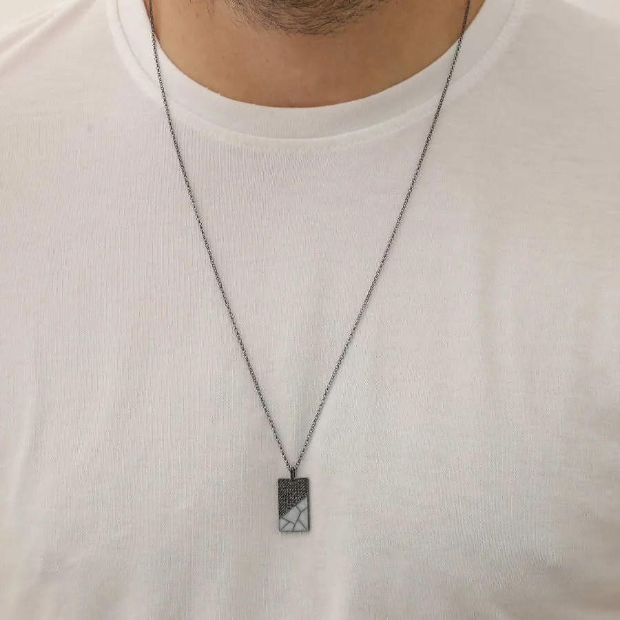 Gri Mermer Desenli Plaka Erkek Gümüş Kolye - 3