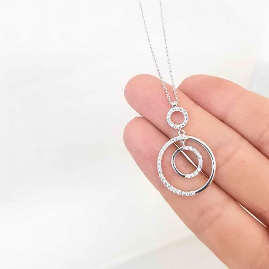 İç İçe Taşlı Halkalı Gümüş Kadın Kolye - 2