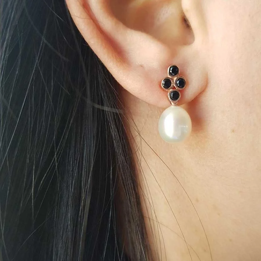 Gümüş Siyah Karo Rose Gerçek İnci Küpe - 2