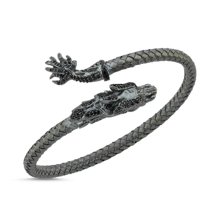 Hasır Örgü Ejderha Desenli Gümüş Erkek Bilekliği - 1