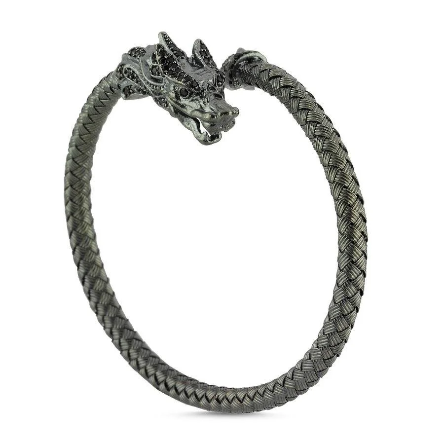 Hasır Örgü Ejderha Desenli Gümüş Erkek Bilekliği - 2