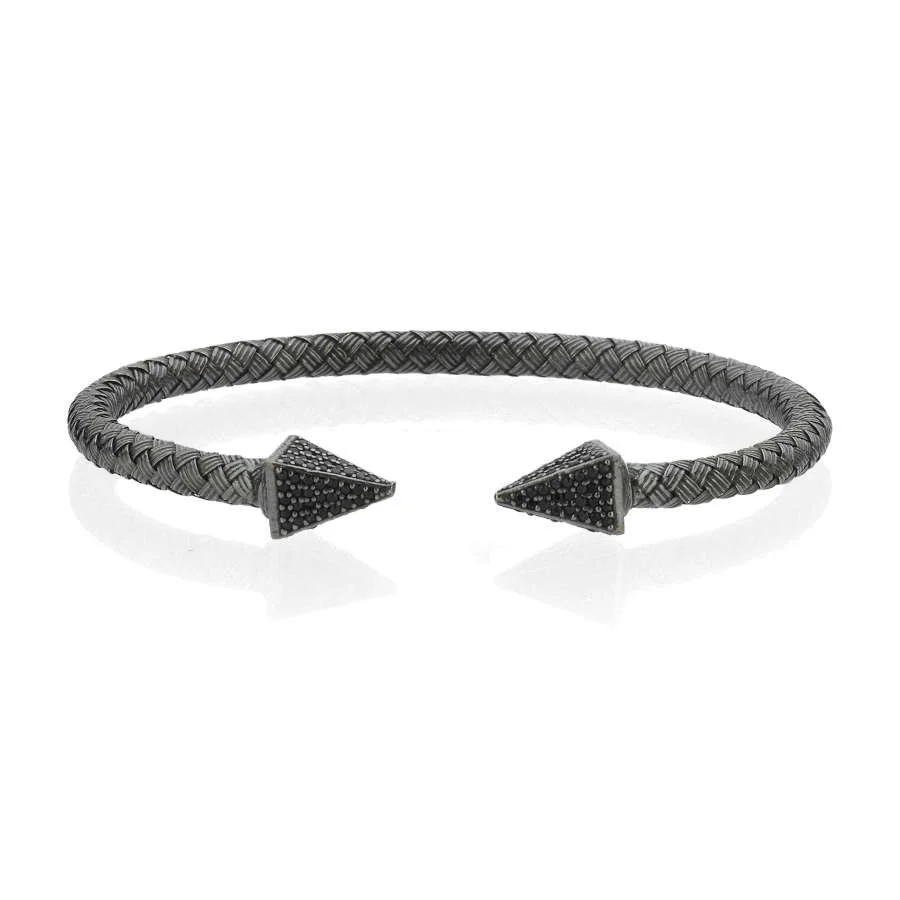 Hasır Örgü Siyah Taşlı Ok Gümüş Erkek Bilekliği - 2