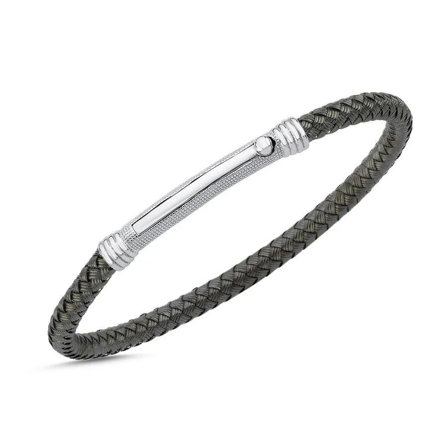 Hasır Örgü Tasarım Siyah Gümüş Erkek Bilekliği - 1