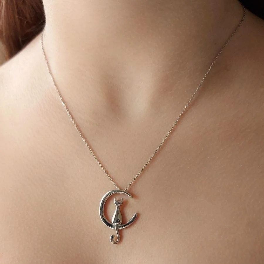 Ay Üzerinde Oturan Kedi Gümüş Kadın Kolye - 2