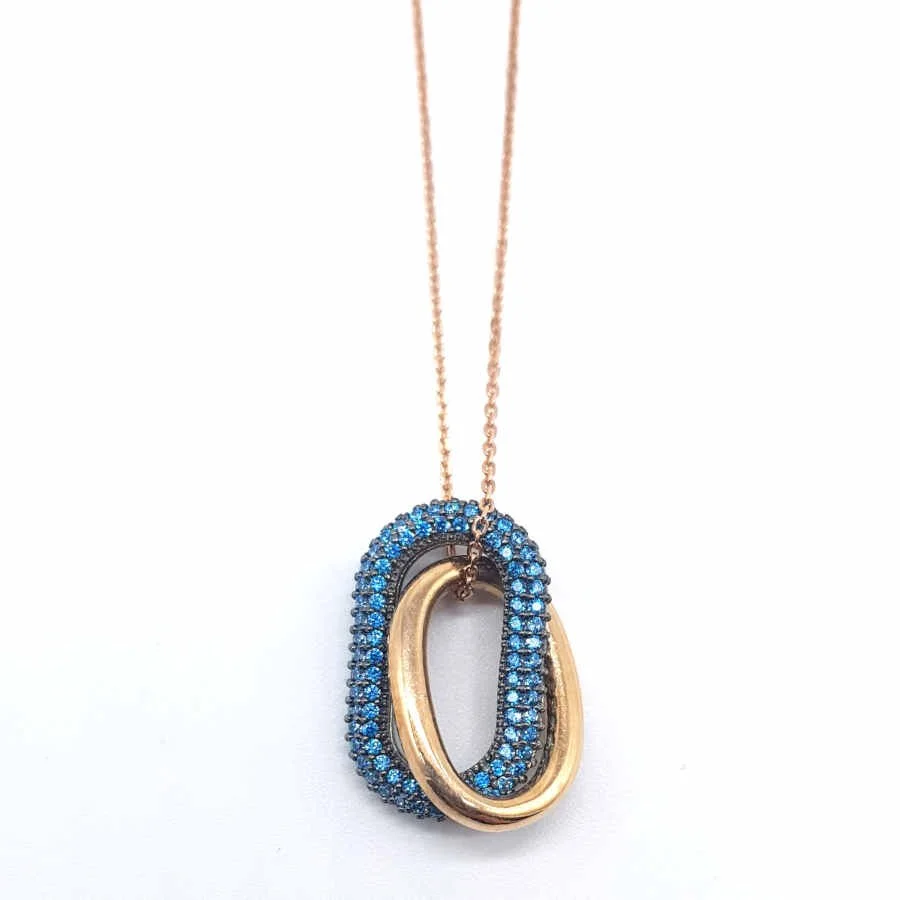 Silver Women's Necklace with Interlocking Oval Blue Stones - 1