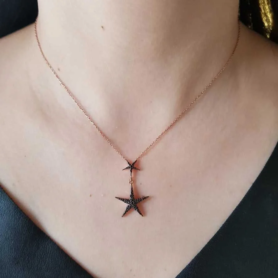 İki Deniz Yıldızı Gümüş Kadın Kolye - 1