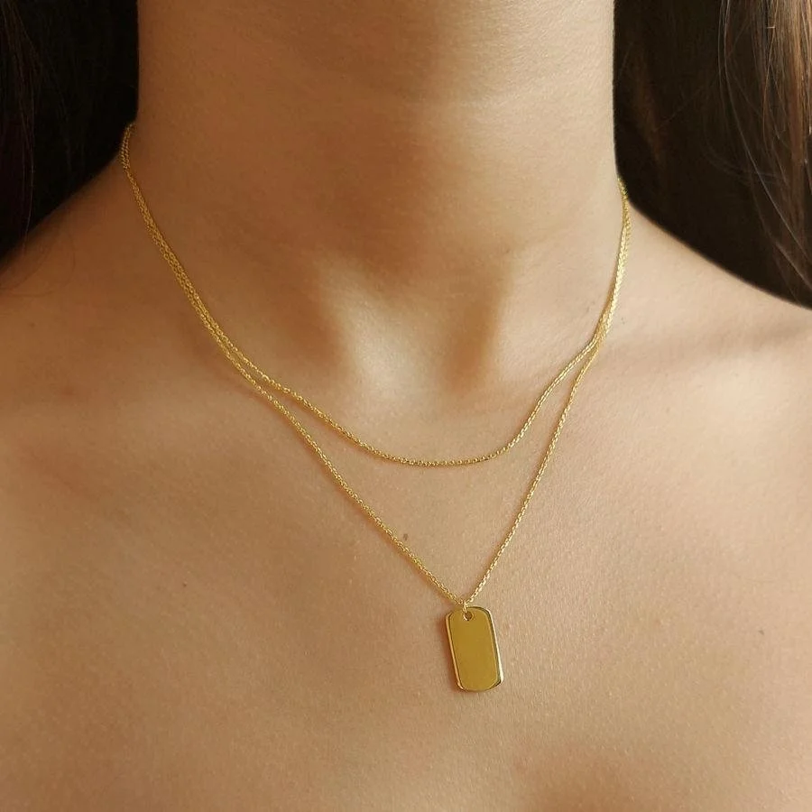 İki Zincirli Düz Plaka Gold Gümüş Kadın Kolye - 2
