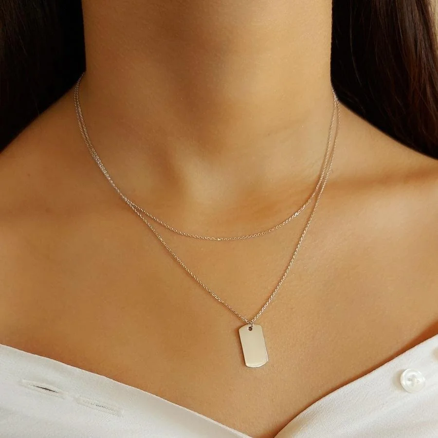İki Zincirli Düz Plaka Gümüş Kadın Kolye - 2