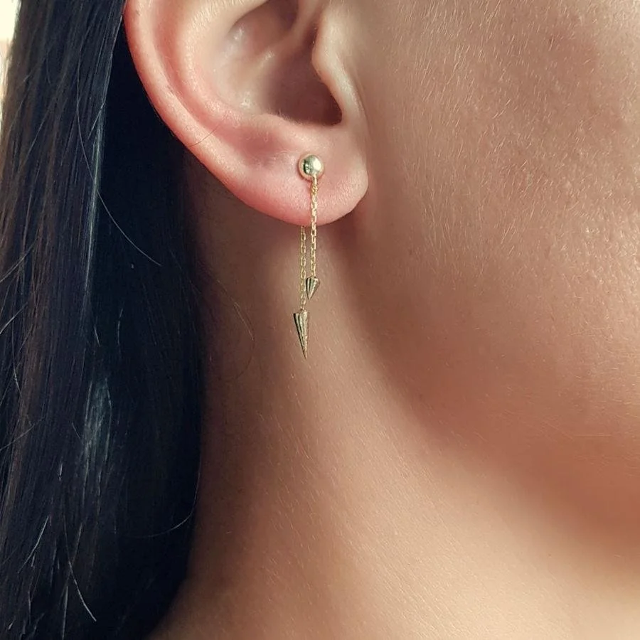 İki Zincirli Ok Gold Gümüş Kadın Küpe - 1