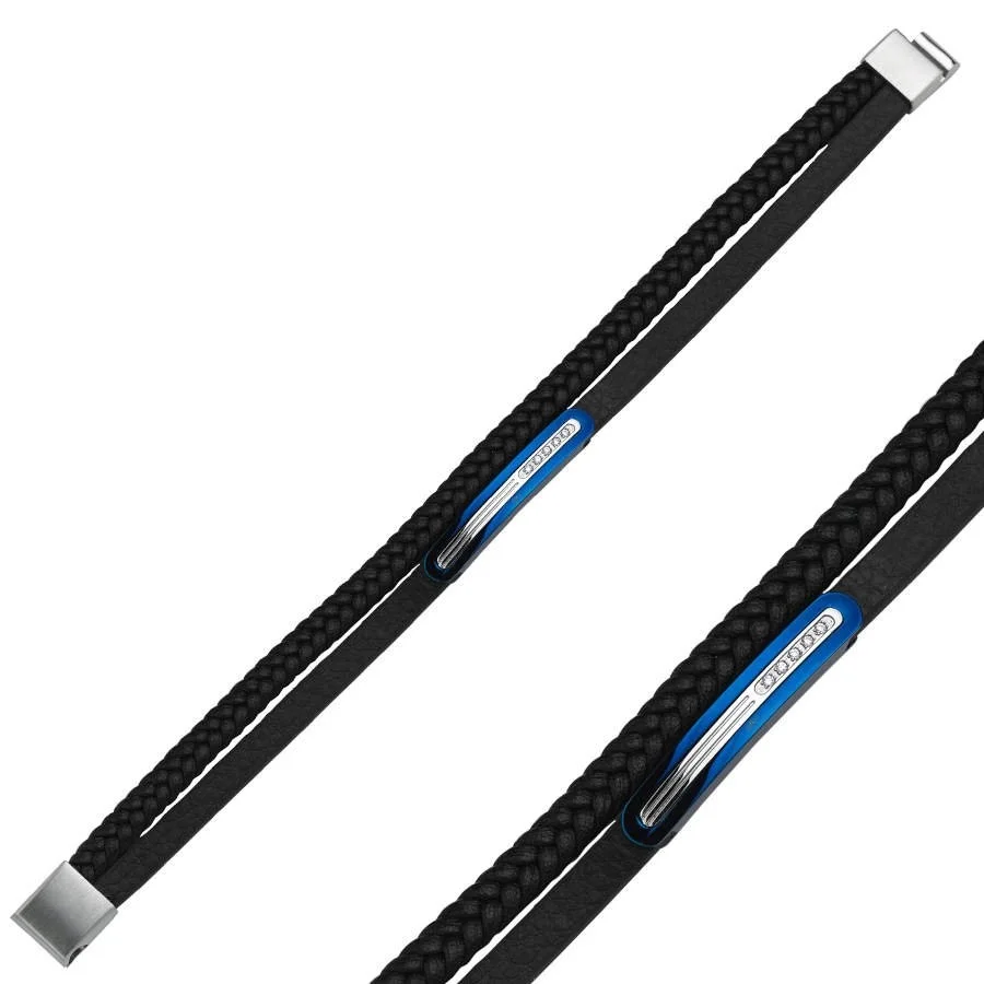 İkili Deri Mavi Plakalı Çelik Erkek Bilekliği - 2