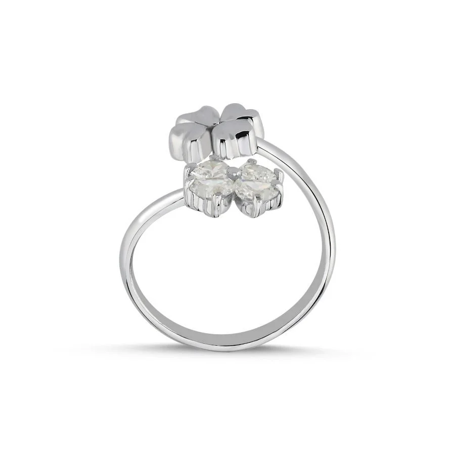 İkili Dört Yaprak Yonca Kadın Gümüş Yüzük - 3