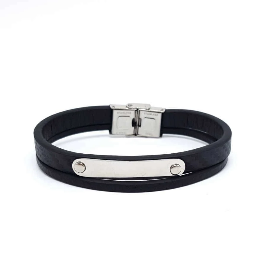 İkili Siyah Derili Plakalı Çelik Erkek Bileklik - 1