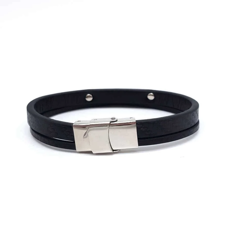 İkili Siyah Derili Plakalı Çelik Erkek Bileklik - 2