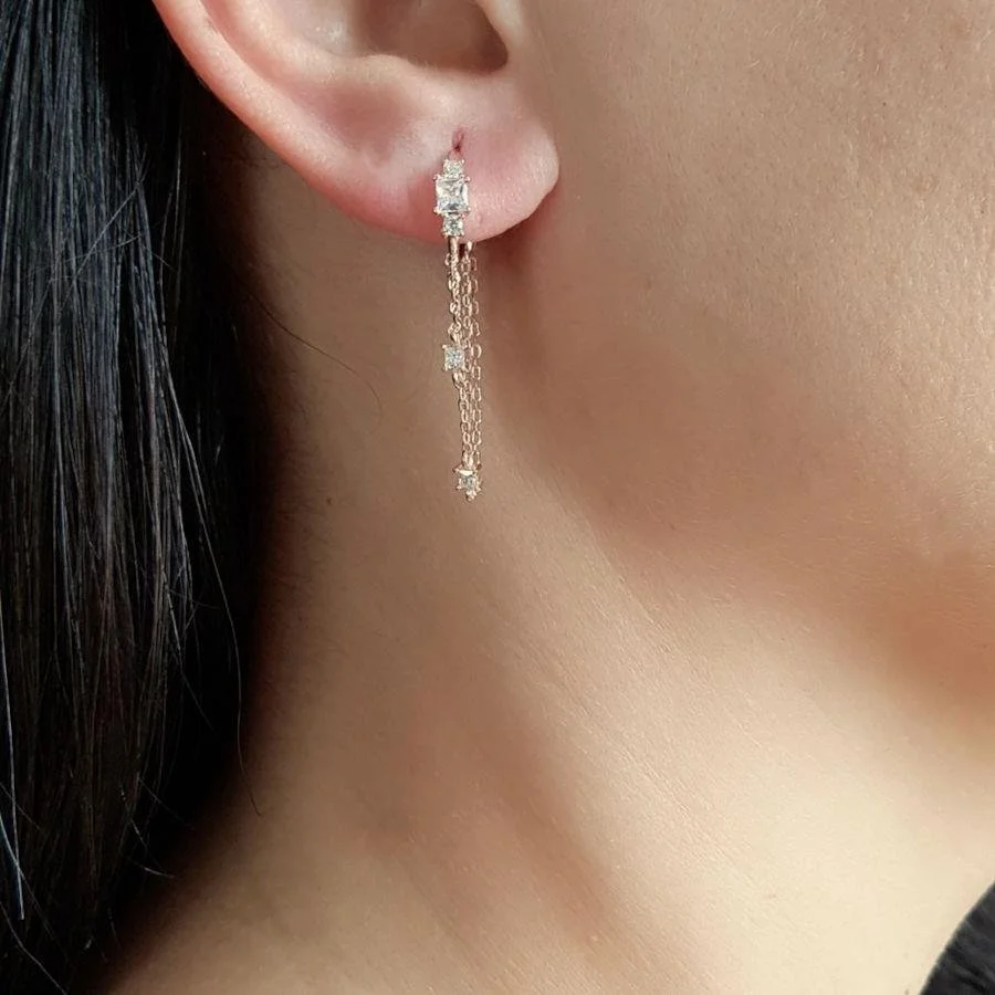 İkili Zincirli Taşlı Halka Rose Gümüş Kadın Küpe - 3