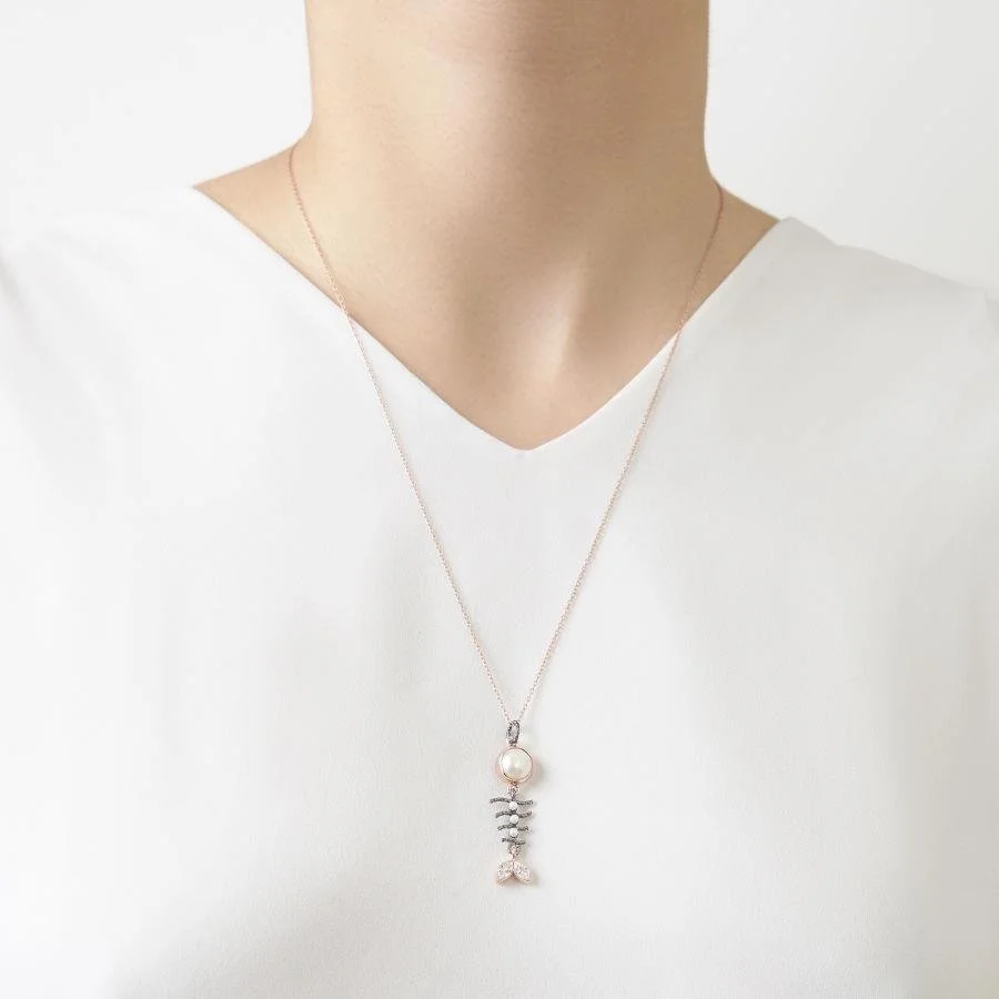 İncili Balık Kılçığı Rose Gümüş Kadın Kolye - 1