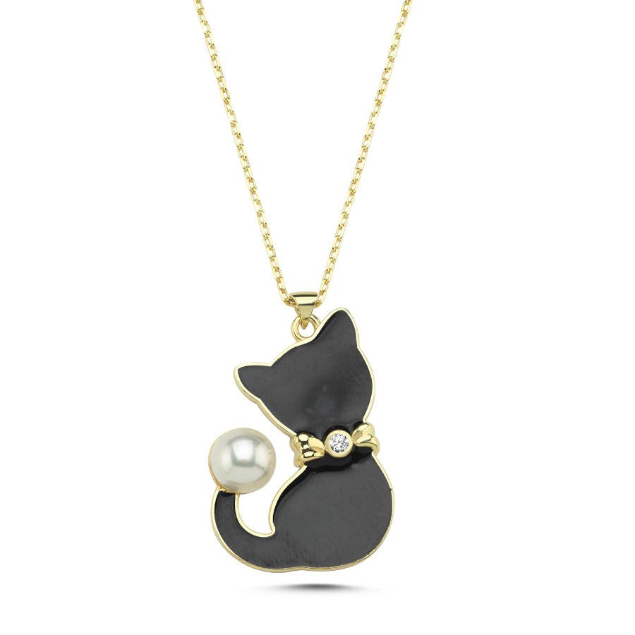 Pearly Black Cat Woman Silver Necklace - CNG Jewels