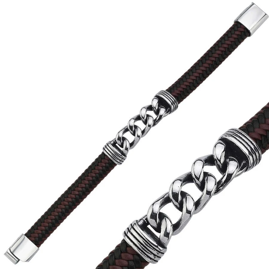 Kahve Siyah Derili Gurmet Zincir Çelik Erkek Bilekliği - 2
