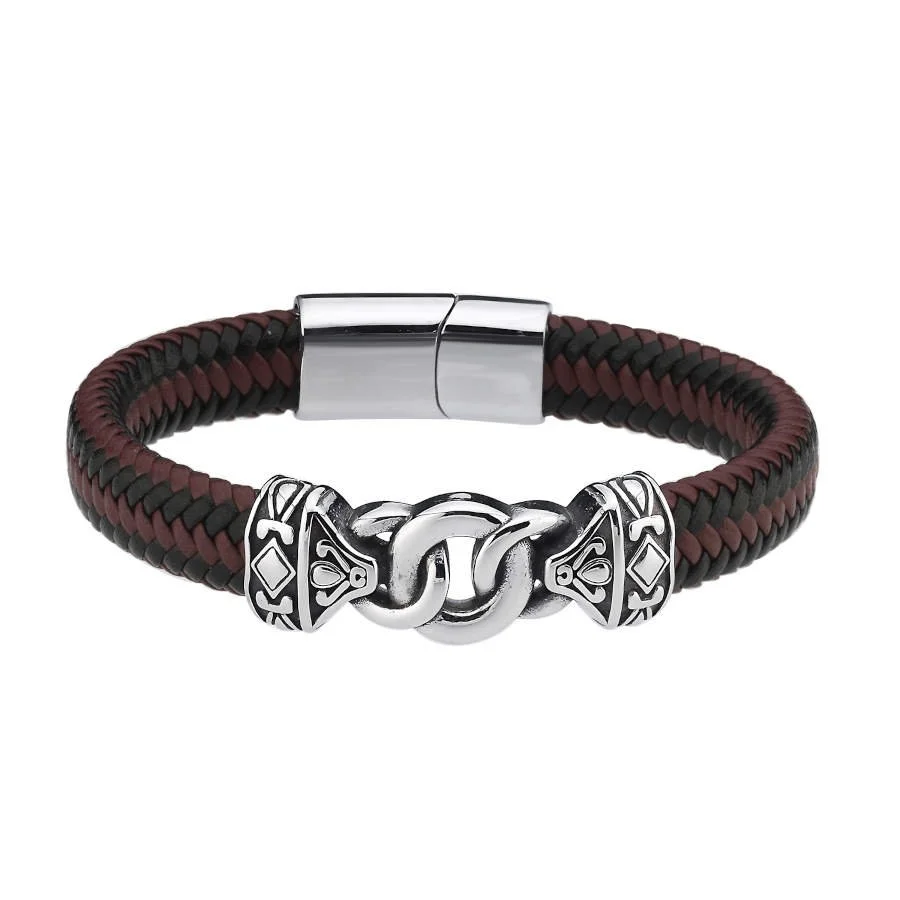 Kahve Siyah Derili Halka Zincir Çelik Erkek Bilekliği - 1