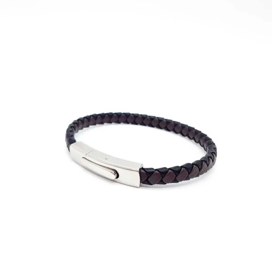 Kahve ve Siyah Örgü Deri Çelik Erkek Bileklik - 2