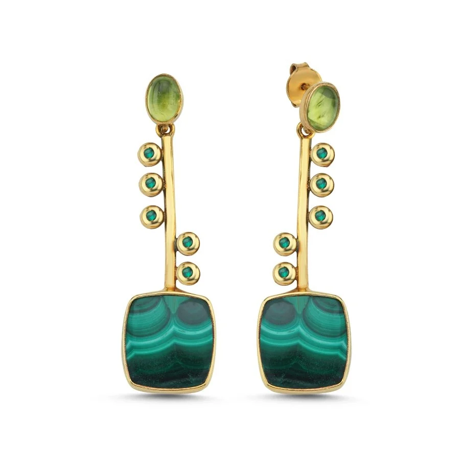 Kare Malahit Sallantılı Özel Tasarım Kadın Gümüş Küpe - 1